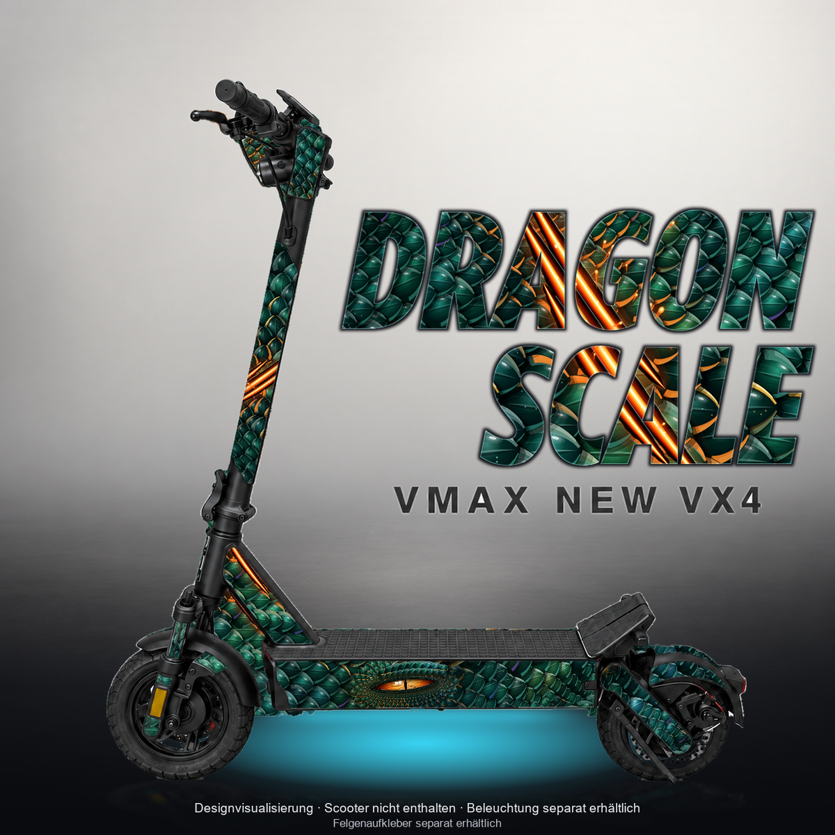 VMAX NEW VX4 SKIN | DRAGON SCALE – Designvisualisierung mit Licht in der Skinfarbe; Scooter nicht enthalten, Beleuchtung separat erhältlich