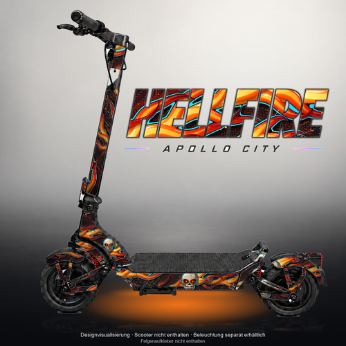 APOLLO CITY / CITY PRO (2022–2024) SKIN | HELLFIRE – Designvisualisierung mit Licht in der Skinfarbe; Scooter nicht enthalten, Beleuchtung separat erhältlich