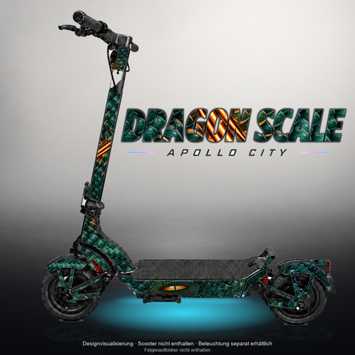 APOLLO CITY / CITY PRO (2022–2024) SKIN | DRAGON SCALE – Designvisualisierung mit Licht in der Skinfarbe; Scooter nicht enthalten, Beleuchtung separat erhältlich