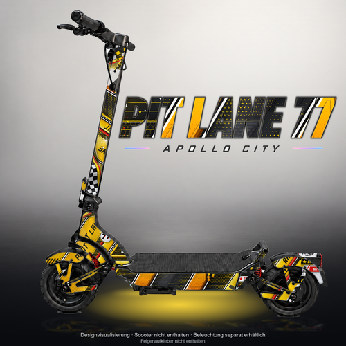 APOLLO CITY / CITY PRO (2022–2024) SKIN | PIT LANE 77 – Designvisualisierung mit Licht in der Skinfarbe; Scooter nicht enthalten, Beleuchtung separat erhältlich