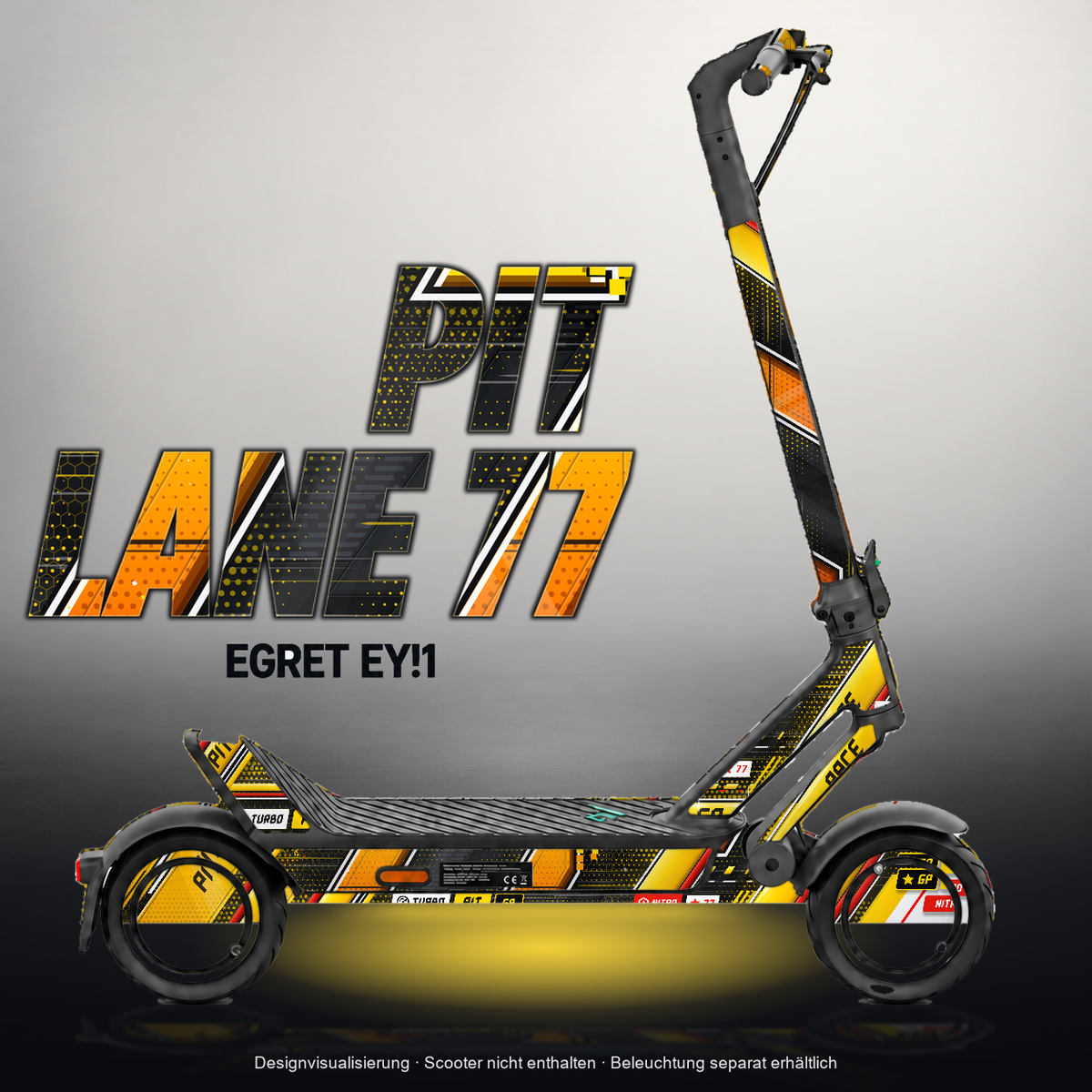 EGRET EY!1 SKIN | PIT LANE 77 – Designvisualisierung mit Licht in der Skinfarbe; Scooter nicht enthalten, Beleuchtung separat erhältlich