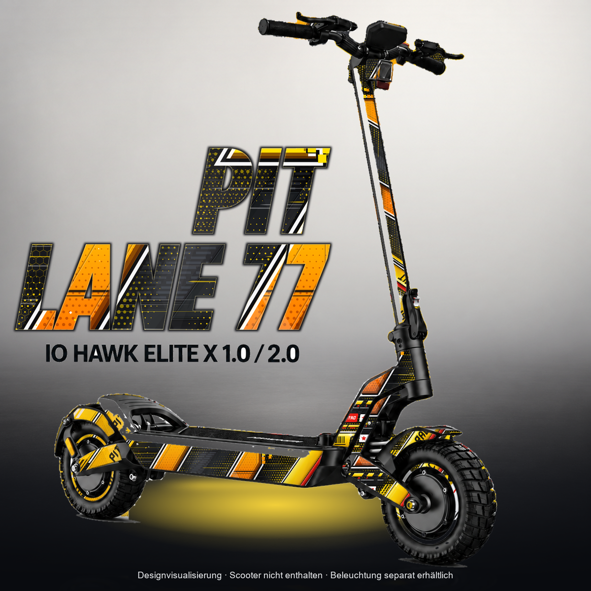 IO HAWK ELITE X 1.0 / 2.0 SKIN | PIT LANE 77 – Designvisualisierung mit Licht in der Skinfarbe; Scooter nicht enthalten, Beleuchtung separat erhältlich