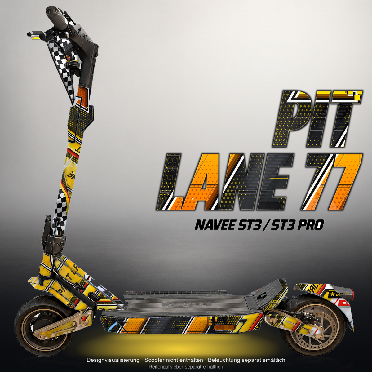 NAVEE ST3 / ST3 PRO SKIN | PIT LANE 77 – Designvisualisierung mit Licht in der Skinfarbe; Scooter nicht enthalten, Beleuchtung separat erhältlich