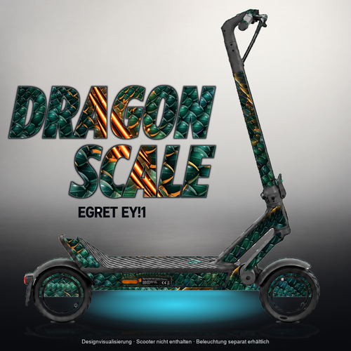 EGRET EY!1 SKIN | DRAGON SCALE – Designvisualisierung mit Licht in der Skinfarbe; Scooter nicht enthalten, Beleuchtung separat erhältlich