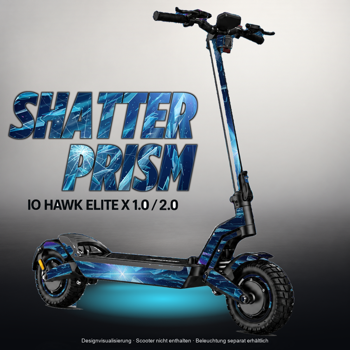 IO HAWK ELITE X 1.0 / 2.0 SKIN | SHATTER PRISM – Designvisualisierung mit Licht in der Skinfarbe; Scooter nicht enthalten, Beleuchtung separat erhältlich