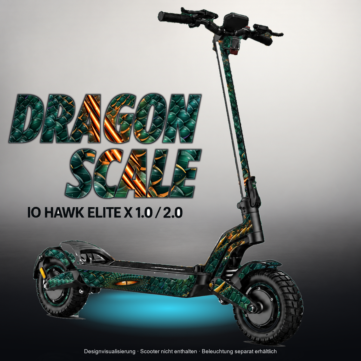 IO HAWK ELITE X 1.0 / 2.0 SKIN | DRAGON SCALE – Designvisualisierung mit Licht in der Skinfarbe; Scooter nicht enthalten, Beleuchtung separat erhältlich