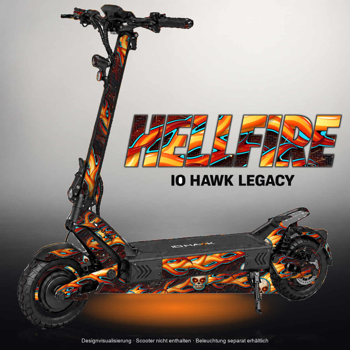 IO HAWK LEGACY SKIN | HELLFIRE – Designvisualisierung mit Licht in der Skinfarbe; Scooter nicht enthalten, Beleuchtung separat erhältlich
