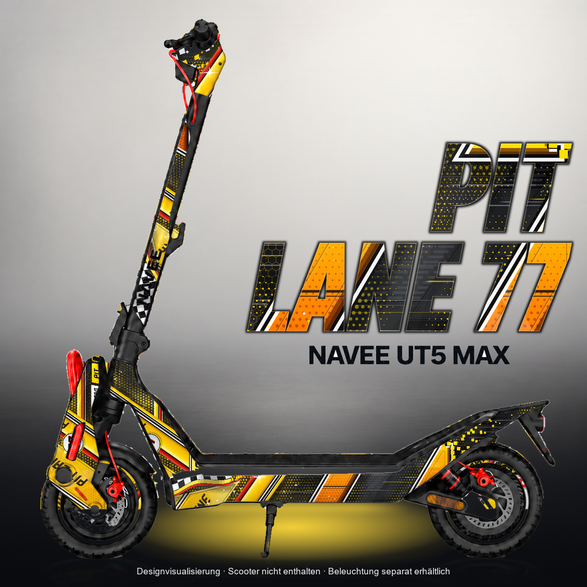 NAVEE UT5 MAX SKIN | PIT LANE 77 – Designvisualisierung mit Licht in der Skinfarbe; Scooter nicht enthalten, Beleuchtung separat erhältlich