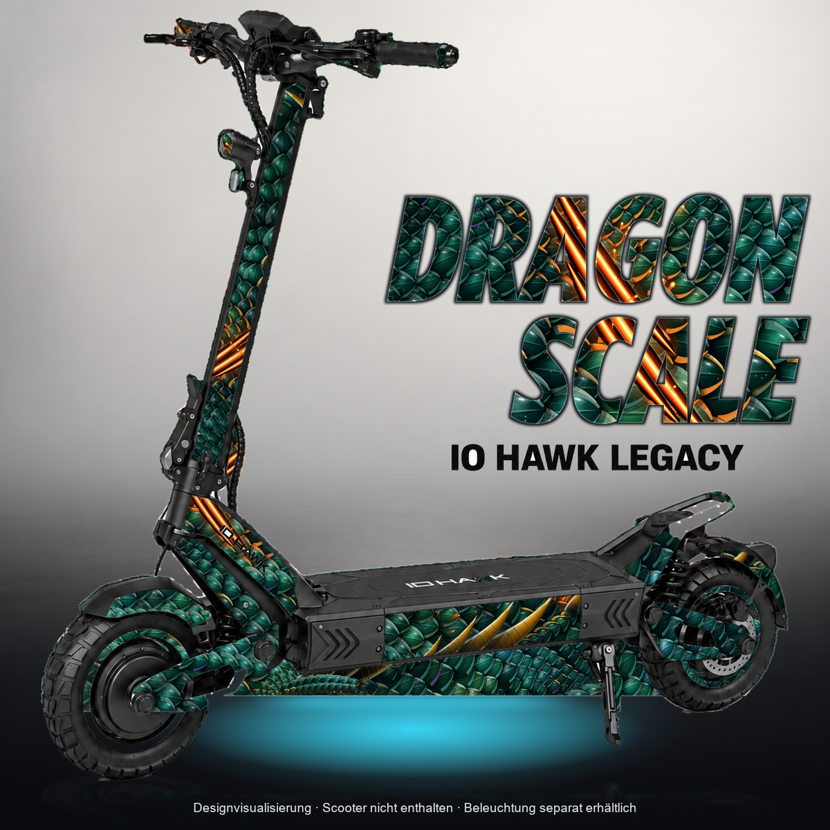 IO HAWK LEGACY SKIN | DRAGON SCALE – Designvisualisierung mit Licht in der Skinfarbe; Scooter nicht enthalten, Beleuchtung separat erhältlich