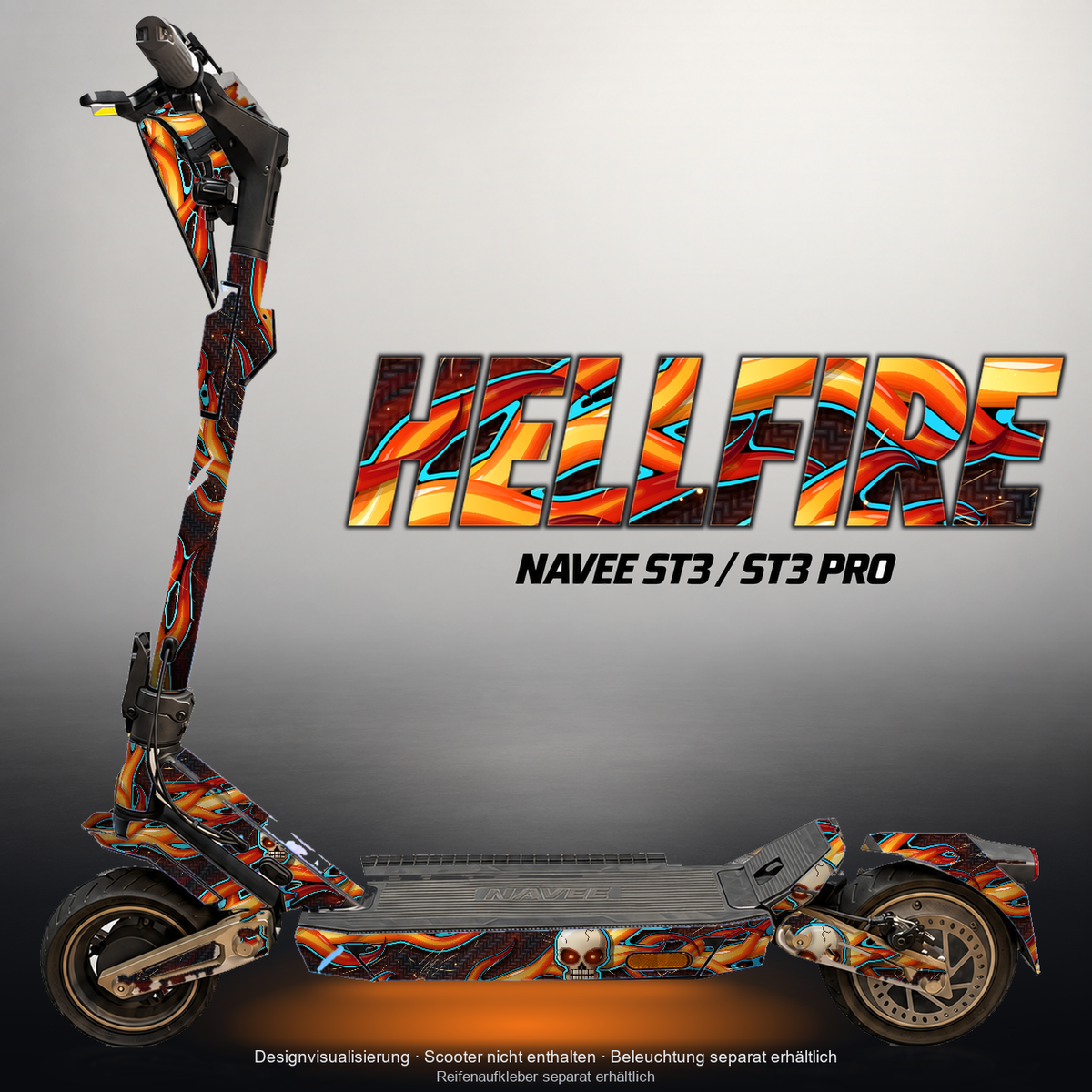 NAVEE ST3 / ST3 PRO SKIN | HELLFIRE – Designvisualisierung mit Licht in der Skinfarbe; Scooter nicht enthalten, Beleuchtung separat erhältlich