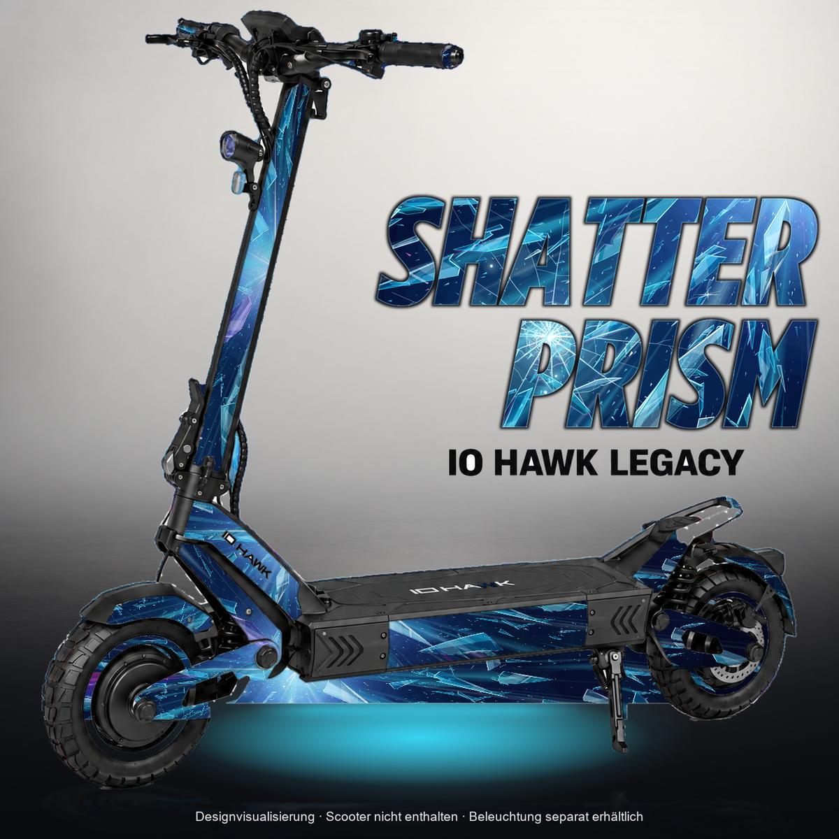 IO HAWK LEGACY SKIN | SHATTER PRISM – Designvisualisierung mit Licht in der Skinfarbe; Scooter nicht enthalten, Beleuchtung separat erhältlich