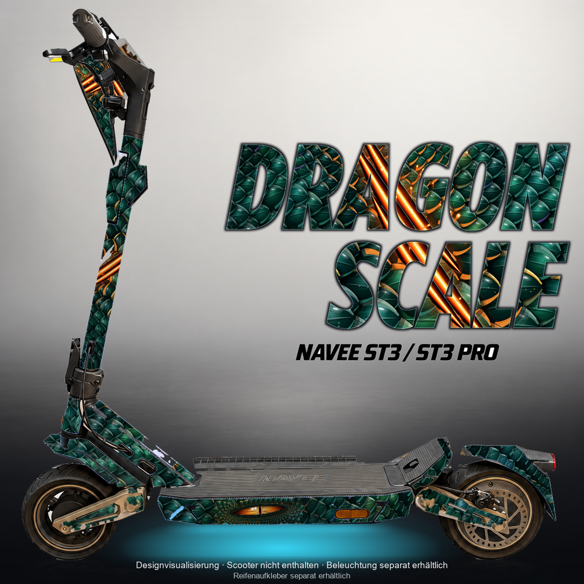 NAVEE ST3 / ST3 PRO SKIN | DRAGON SCALE – Designvisualisierung mit Licht in der Skinfarbe; Scooter nicht enthalten, Beleuchtung separat erhältlich