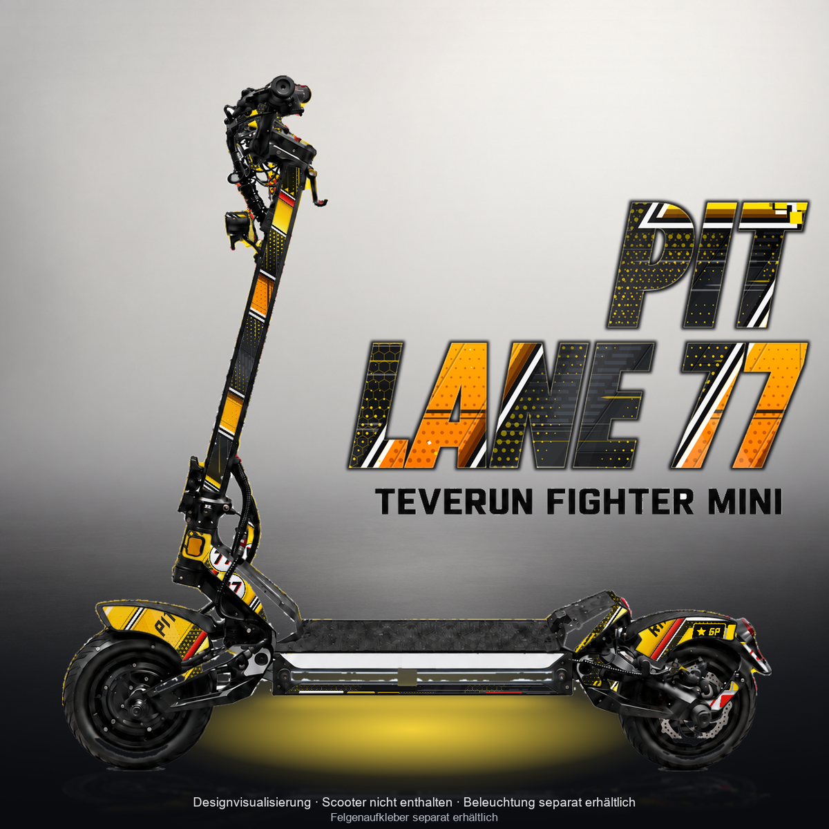 TEVERUN FIGHTER MINI / PRO SKIN | PIT LANE 77 – Designvisualisierung mit Licht in der Skinfarbe; Scooter nicht enthalten, Beleuchtung separat erhältlich