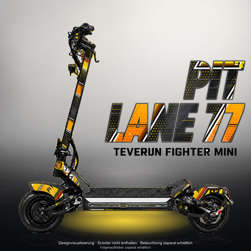 TEVERUN FIGHTER MINI / PRO SKIN | PIT LANE 77 – Designvisualisierung mit Licht in der Skinfarbe; Scooter nicht enthalten, Beleuchtung separat erhältlich