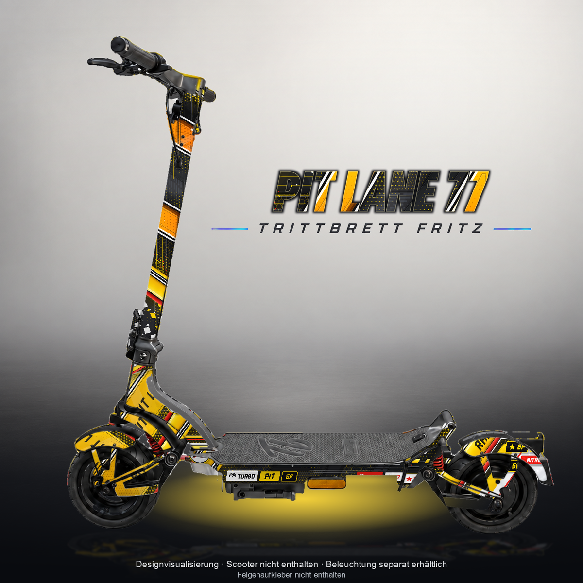 TRITTBRETT FRITZ SKIN | PIT LANE 77 – Designvisualisierung mit Licht in der Skinfarbe; Scooter nicht enthalten, Beleuchtung separat erhältlich