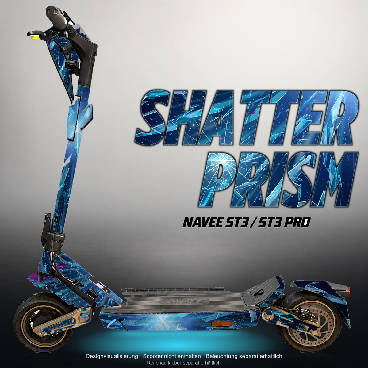 NAVEE ST3 / ST3 PRO SKIN | SHATTER PRISM – Designvisualisierung mit Licht in der Skinfarbe; Scooter nicht enthalten, Beleuchtung separat erhältlich