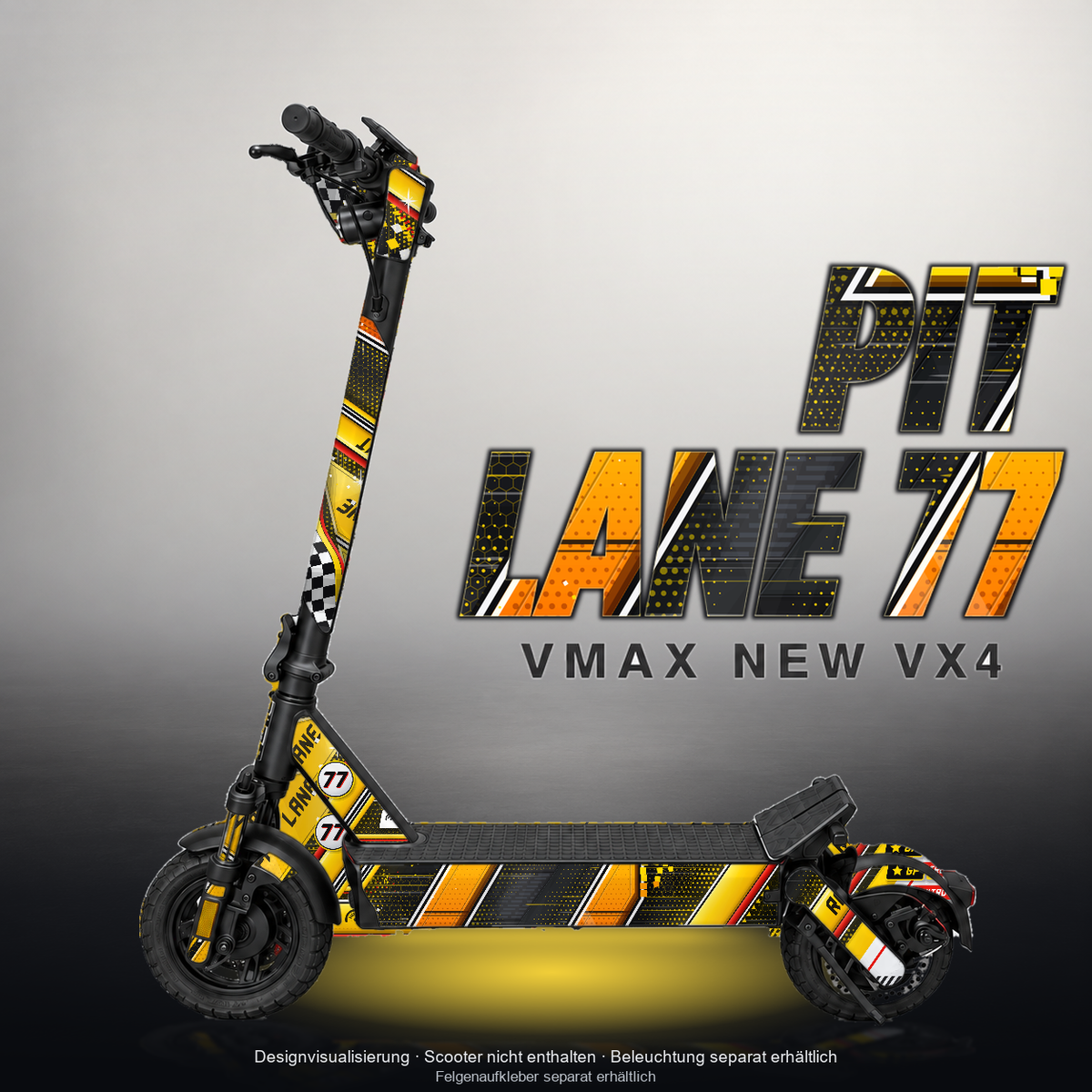 VMAX NEW VX4 SKIN | PIT LANE 77 – Designvisualisierung mit Licht in der Skinfarbe; Scooter nicht enthalten, Beleuchtung separat erhältlich