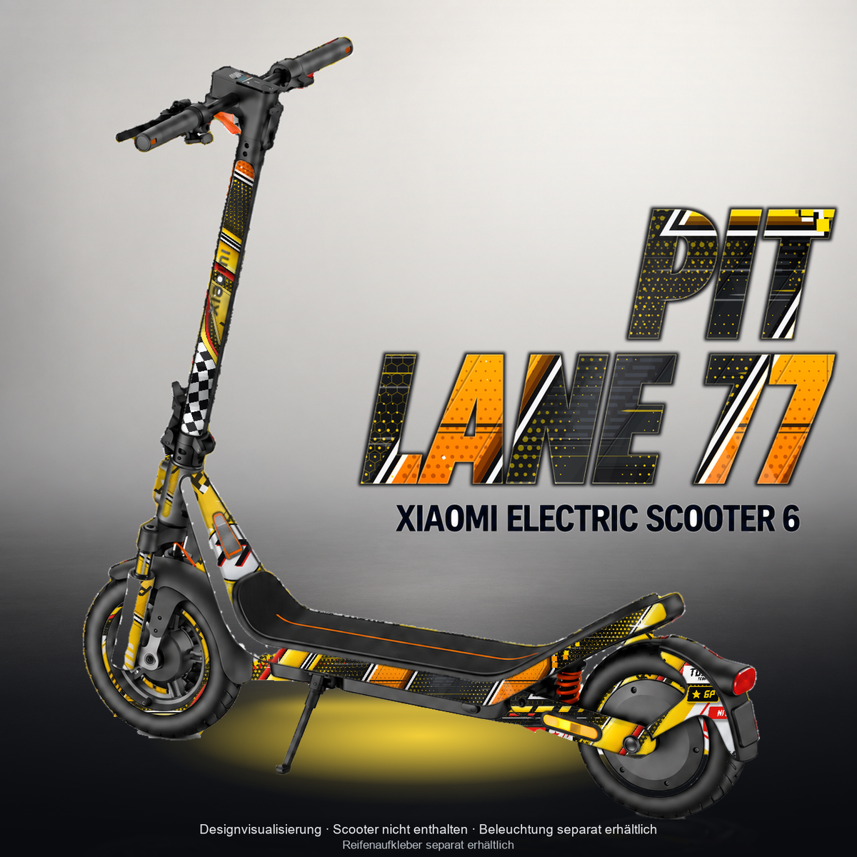 XIAOMI ELECTRIC SCOOTER 6 SKIN | PIT LANE 77 – Designvisualisierung mit Licht in der Skinfarbe; Scooter nicht enthalten, Beleuchtung separat erhältlich