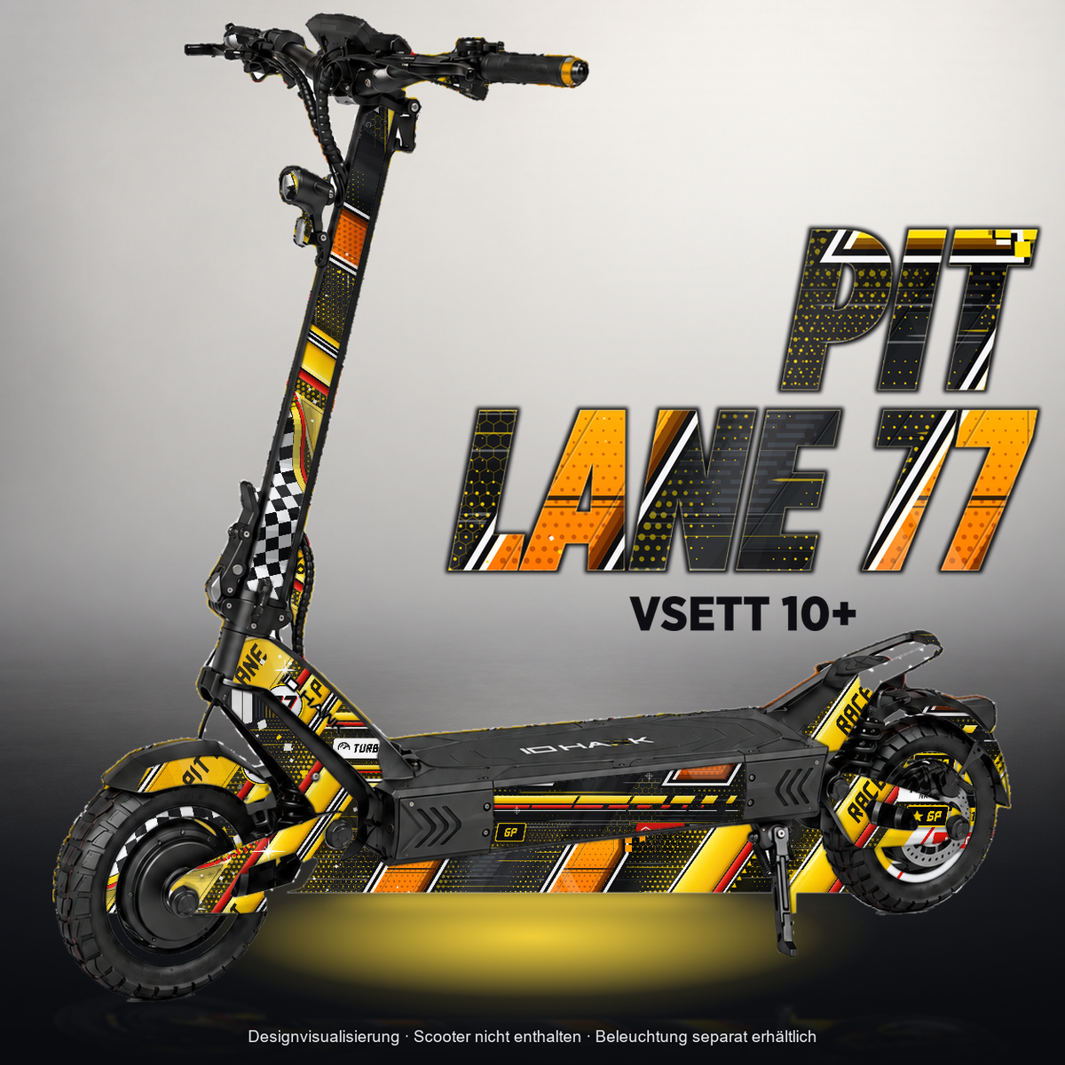 VSETT 10+ SKIN | PIT LANE 77 – Designvisualisierung mit Licht in der Skinfarbe; Scooter nicht enthalten, Beleuchtung separat erhältlich