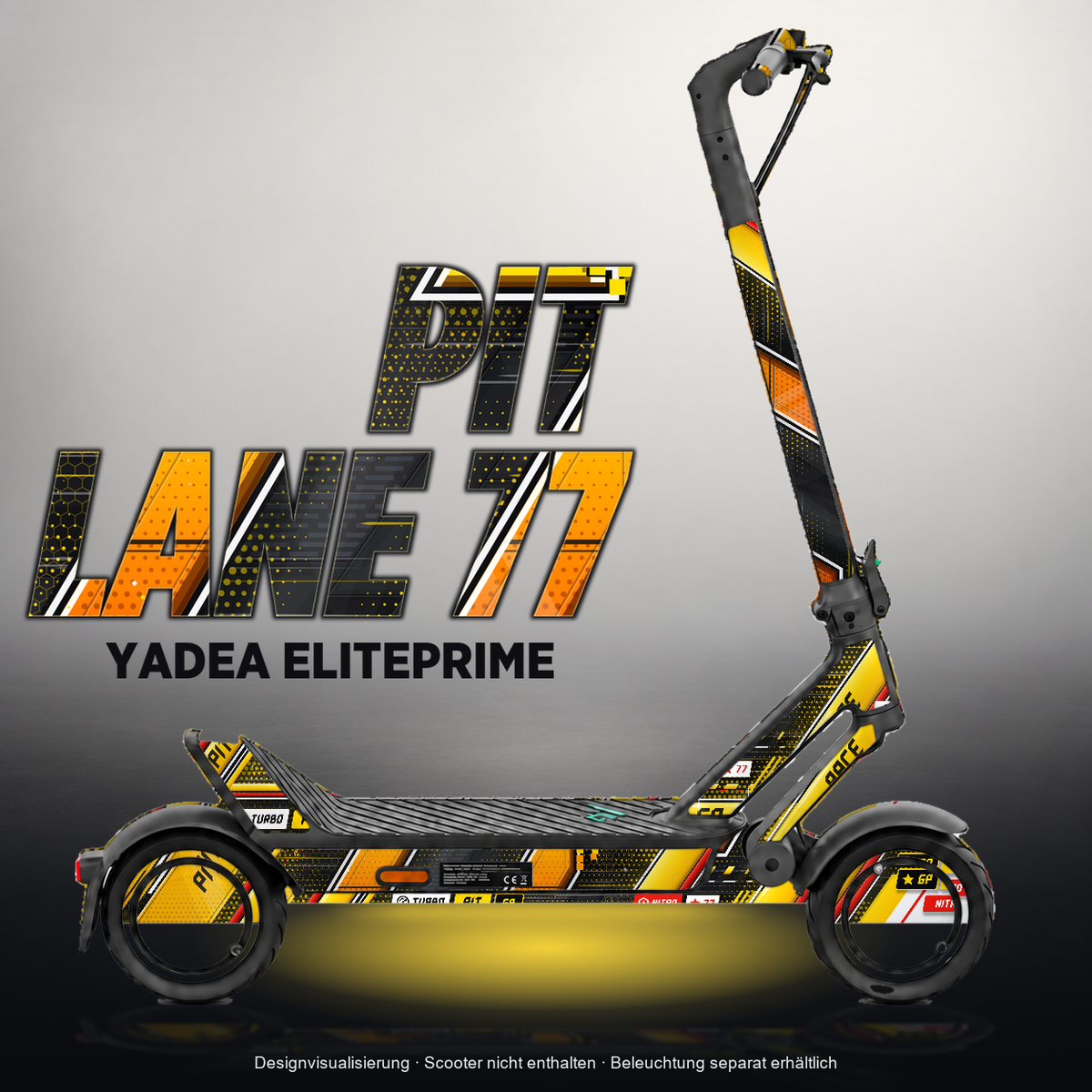 YADEA ELITEPRIME SKIN | PIT LANE 77 – Designvisualisierung mit Licht in der Skinfarbe; Scooter nicht enthalten, Beleuchtung separat erhältlich