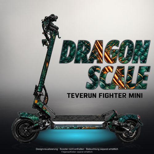 TEVERUN FIGHTER MINI / PRO SKIN | DRAGON SCALE – Designvisualisierung mit Licht in der Skinfarbe; Scooter nicht enthalten, Beleuchtung separat erhältlich