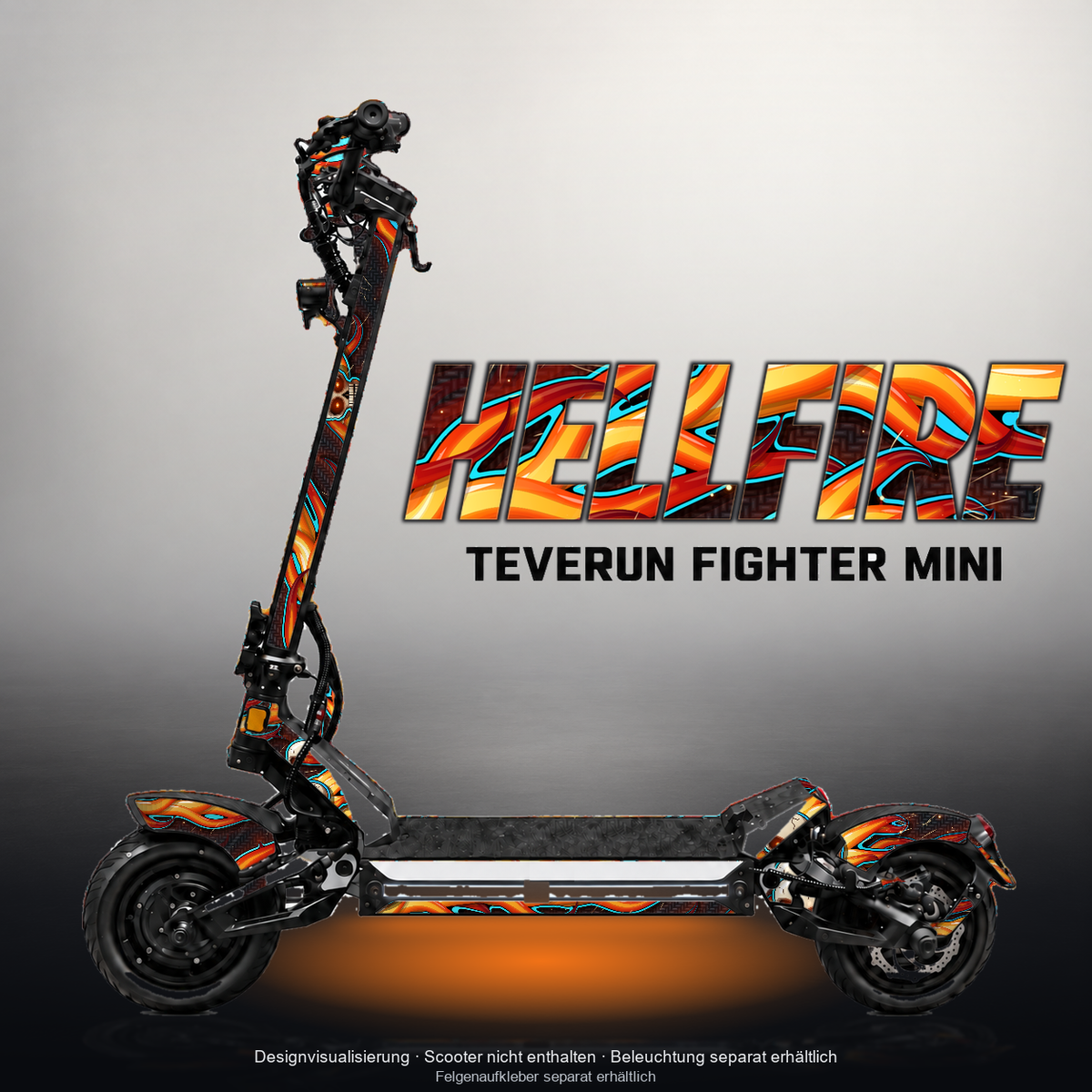 TEVERUN FIGHTER MINI / PRO SKIN | HELLFIRE – Designvisualisierung mit Licht in der Skinfarbe; Scooter nicht enthalten, Beleuchtung separat erhältlich