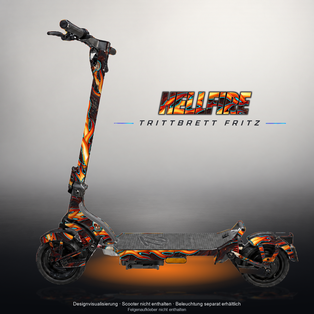 TRITTBRETT FRITZ SKIN | HELLFIRE – Designvisualisierung mit Licht in der Skinfarbe; Scooter nicht enthalten, Beleuchtung separat erhältlich