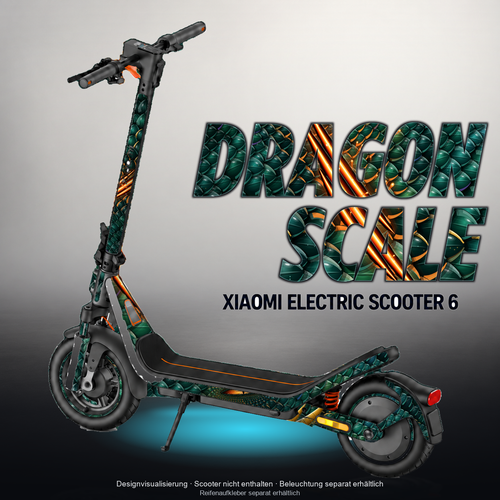 XIAOMI ELECTRIC SCOOTER 6 SKIN | DRAGON SCALE – Designvisualisierung mit Licht in der Skinfarbe; Scooter nicht enthalten, Beleuchtung separat erhältlich