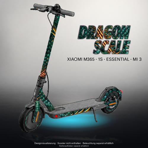 XIAOMI M365 / 1S / ESSENTIAL / MI 3 SKIN | DRAGON SCALE – Designvisualisierung mit Licht in der Skinfarbe; Scooter nicht enthalten, Beleuchtung separat erhältlich