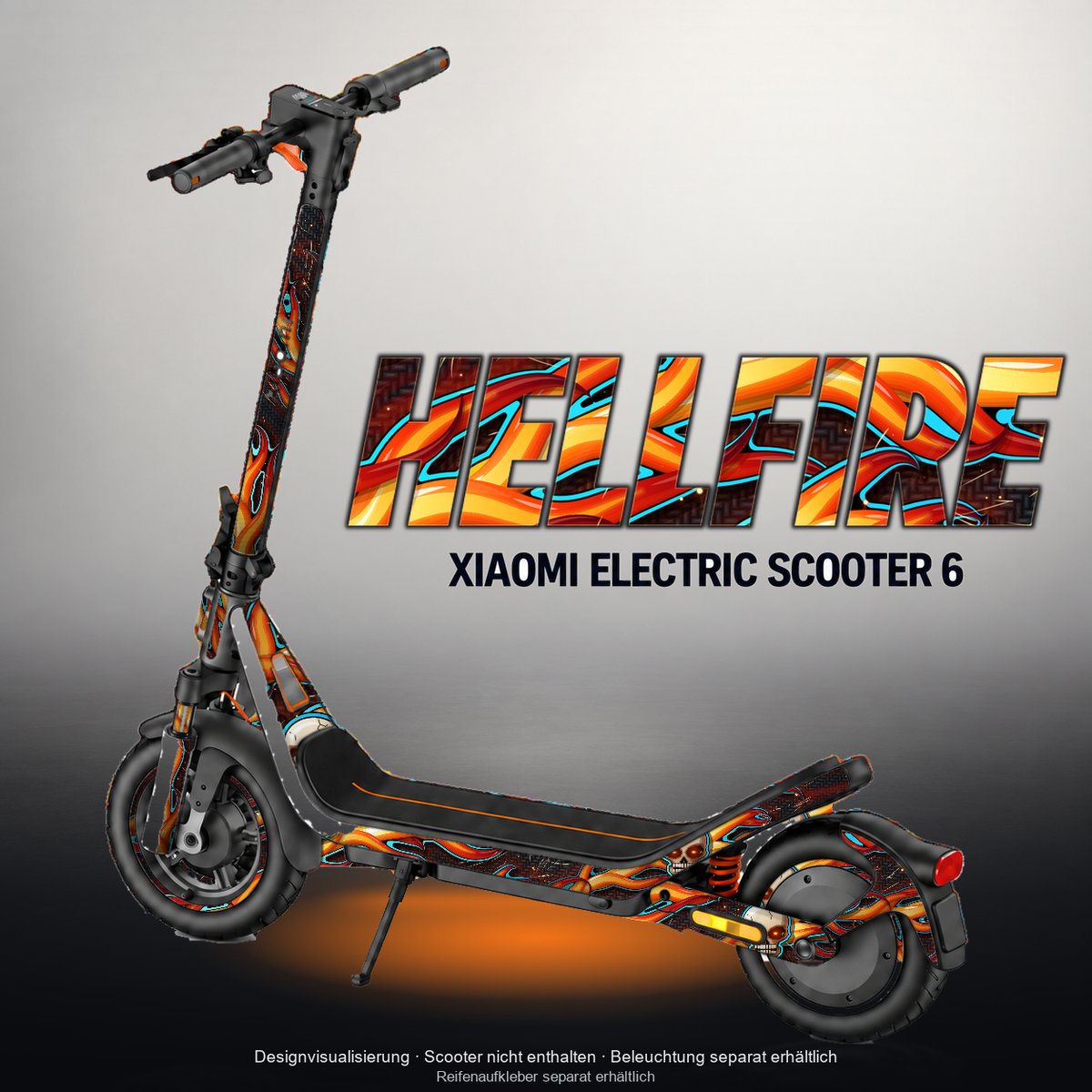 XIAOMI ELECTRIC SCOOTER 6 SKIN | HELLFIRE – Designvisualisierung mit Licht in der Skinfarbe; Scooter nicht enthalten, Beleuchtung separat erhältlich