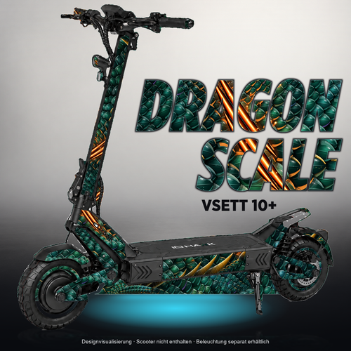 VSETT 10+ SKIN | DRAGON SCALE – Designvisualisierung mit Licht in der Skinfarbe; Scooter nicht enthalten, Beleuchtung separat erhältlich