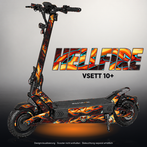 VSETT 10+ SKIN | HELLFIRE – Designvisualisierung mit Licht in der Skinfarbe; Scooter nicht enthalten, Beleuchtung separat erhältlich