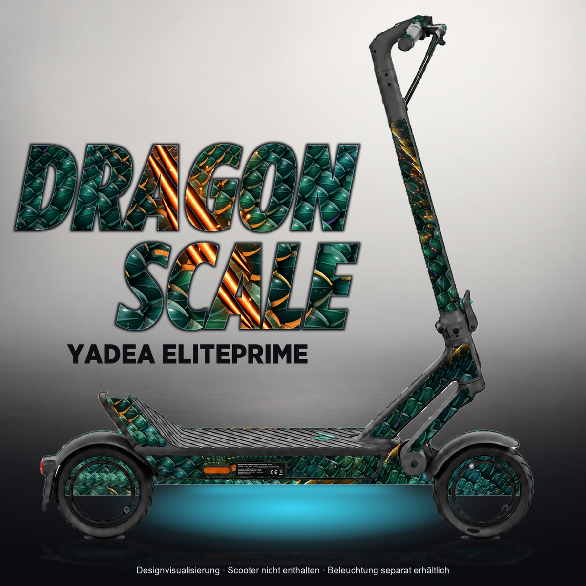 YADEA ELITEPRIME SKIN | DRAGON SCALE – Designvisualisierung mit Licht in der Skinfarbe; Scooter nicht enthalten, Beleuchtung separat erhältlich