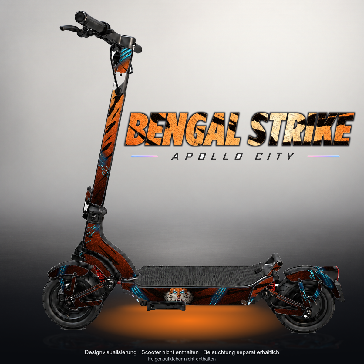 APOLLO CITY / CITY PRO (2022–2024) SKIN | BENGAL STRIKE – Designvisualisierung mit Licht in der Skinfarbe; Scooter nicht enthalten, Beleuchtung separat erhältlich