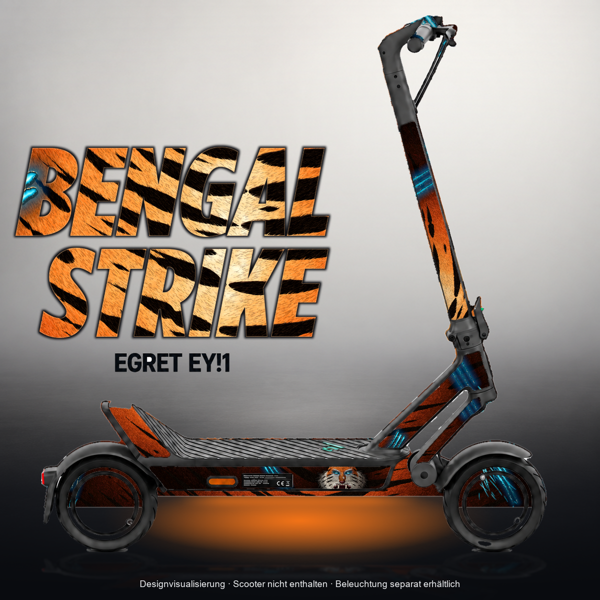 EGRET EY!1 SKIN | BENGAL STRIKE – Designvisualisierung mit Licht in der Skinfarbe; Scooter nicht enthalten, Beleuchtung separat erhältlich