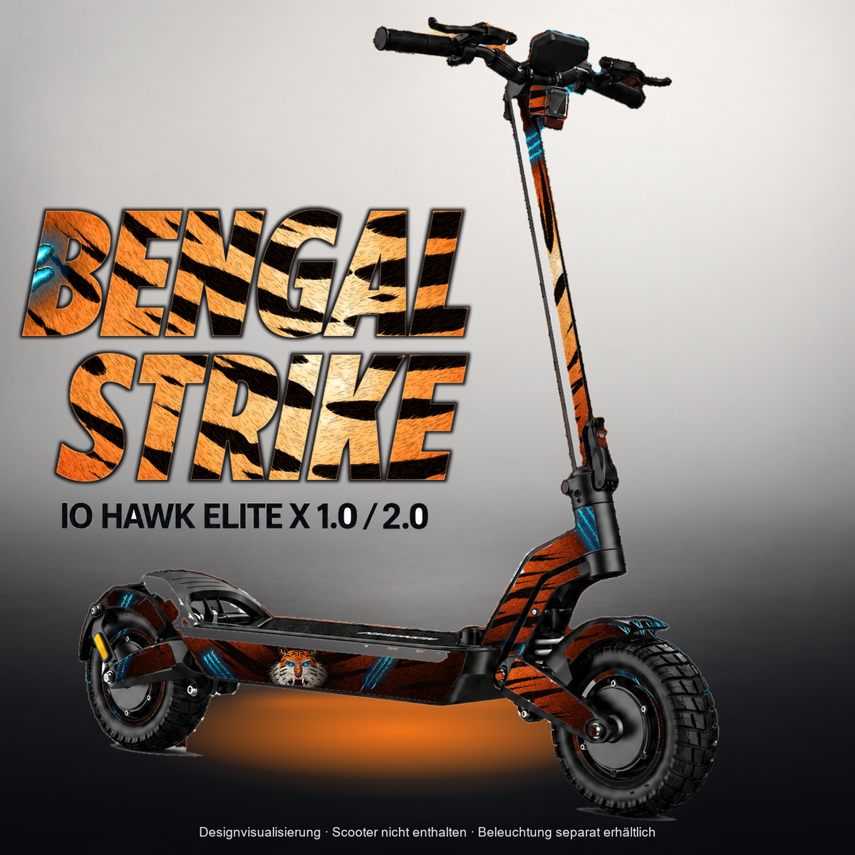 IO HAWK ELITE X 1.0 / 2.0 SKIN | BENGAL STRIKE – Designvisualisierung mit Licht in der Skinfarbe; Scooter nicht enthalten, Beleuchtung separat erhältlich