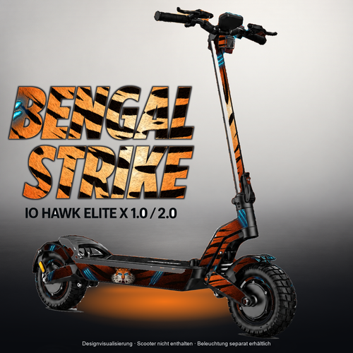 IO HAWK ELITE X 1.0 / 2.0 SKIN | BENGAL STRIKE – Designvisualisierung mit Licht in der Skinfarbe; Scooter nicht enthalten, Beleuchtung separat erhältlich