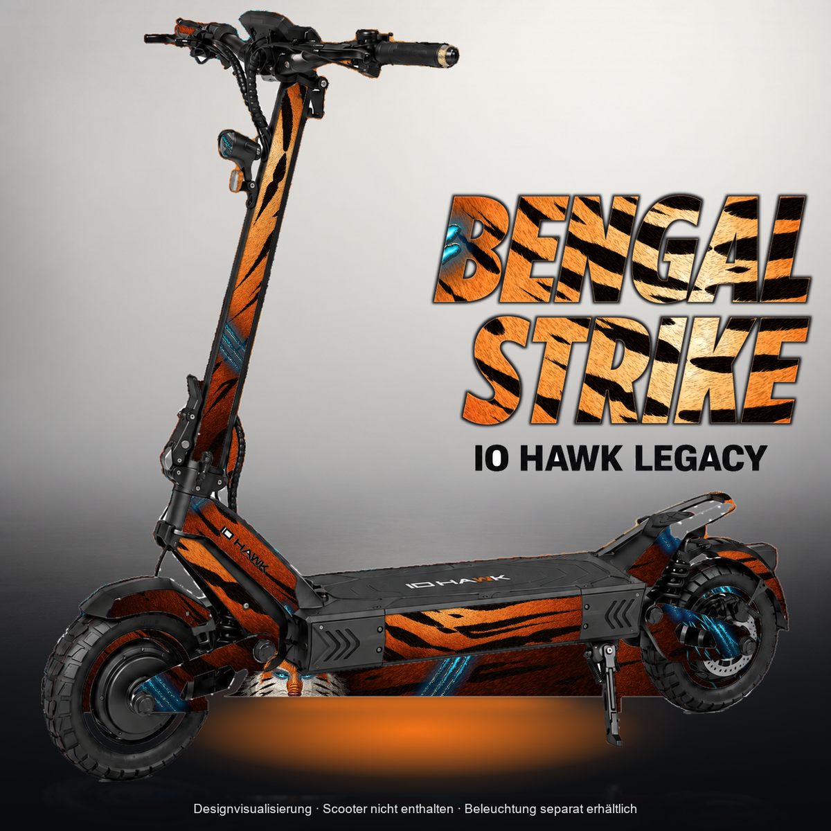 IO HAWK LEGACY SKIN | BENGAL STRIKE – Designvisualisierung mit Licht in der Skinfarbe; Scooter nicht enthalten, Beleuchtung separat erhältlich