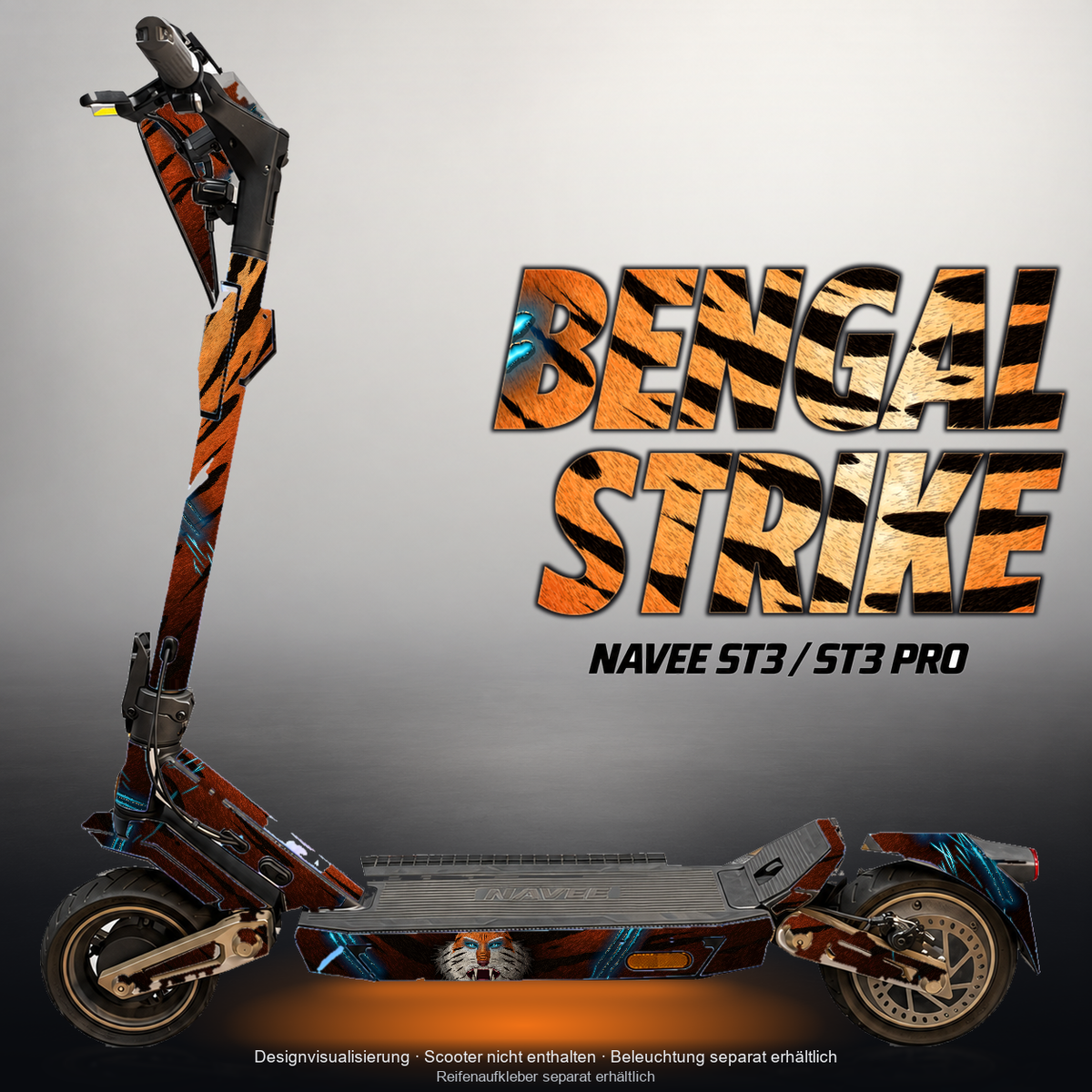 NAVEE ST3 / ST3 PRO SKIN | BENGAL STRIKE – Designvisualisierung mit Licht in der Skinfarbe; Scooter nicht enthalten, Beleuchtung separat erhältlich