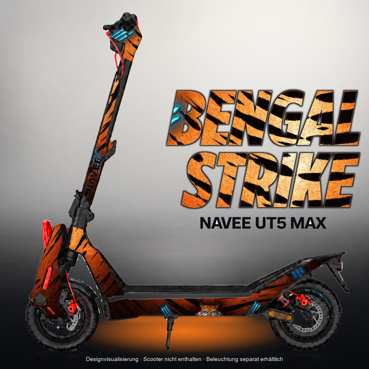 NAVEE UT5 MAX SKIN | BENGAL STRIKE – Designvisualisierung mit Licht in der Skinfarbe; Scooter nicht enthalten, Beleuchtung separat erhältlich