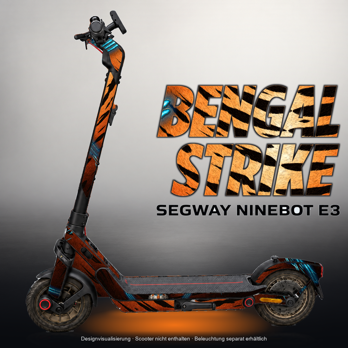 SEGWAY NINEBOT E3 / E3 PRO SKIN | BENGAL STRIKE – Designvisualisierung mit Licht in der Skinfarbe; Scooter nicht enthalten, Beleuchtung separat erhältlich