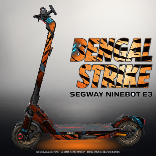 SEGWAY NINEBOT E3 / E3 PRO SKIN | BENGAL STRIKE – Designvisualisierung mit Licht in der Skinfarbe; Scooter nicht enthalten, Beleuchtung separat erhältlich