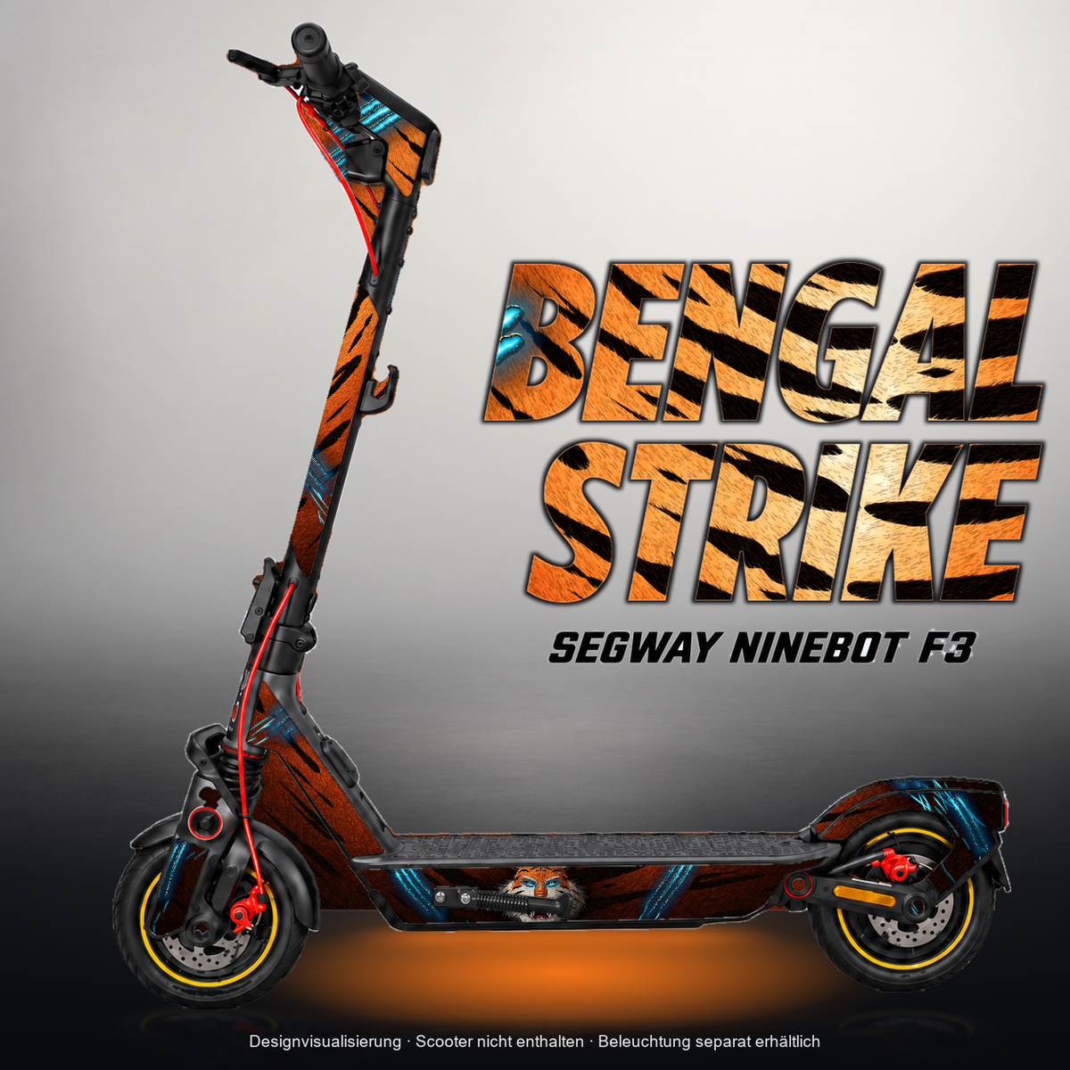 SEGWAY NINEBOT F3 / F3 PRO SKIN | BENGAL STRIKE – Designvisualisierung mit Licht in der Skinfarbe; Scooter nicht enthalten, Beleuchtung separat erhältlich