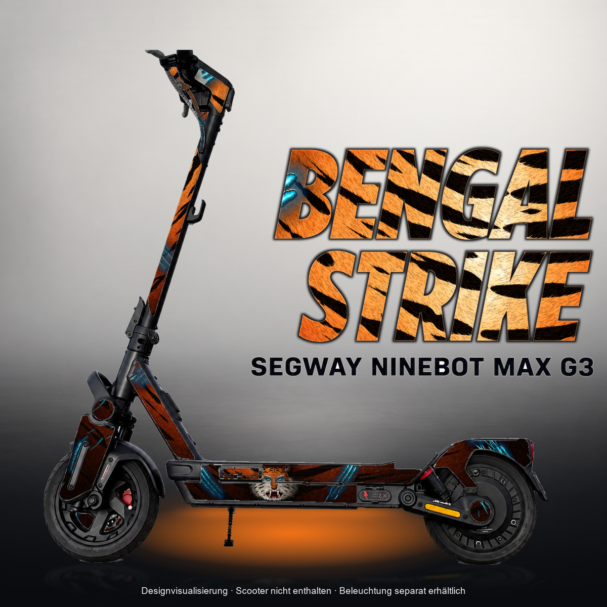 SEGWAY NINEBOT G3 / G3 D / G3 E SKIN | BENGAL STRIKE – Designvisualisierung mit Licht in der Skinfarbe; Scooter nicht enthalten, Beleuchtung separat erhältlich