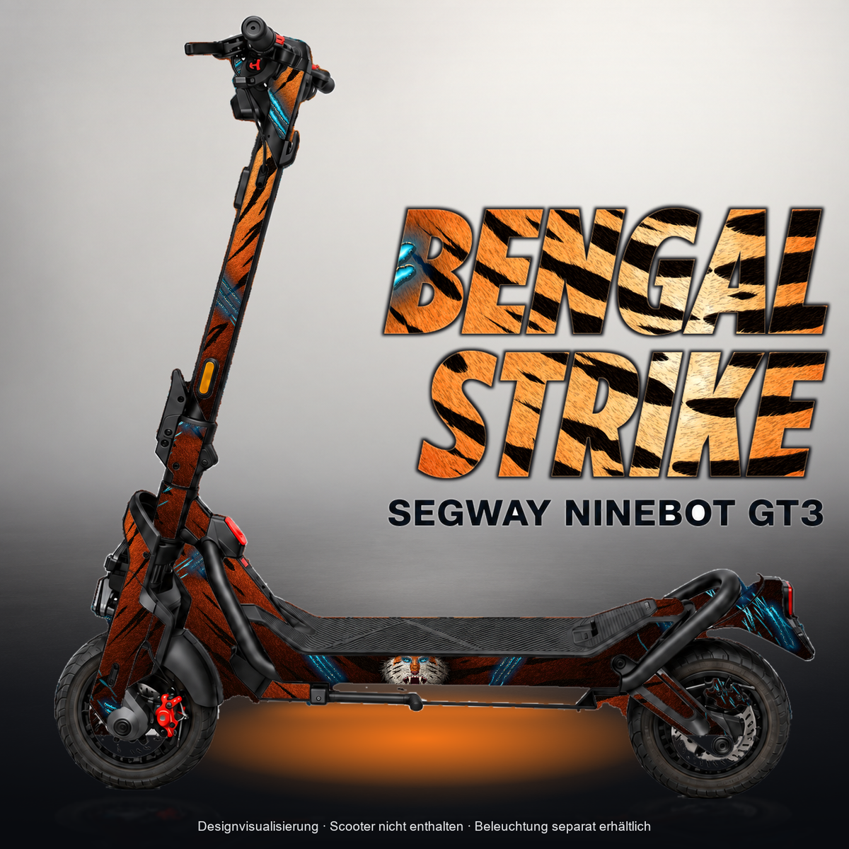 SEGWAY NINEBOT GT3 SKIN | BENGAL STRIKE – Designvisualisierung mit Licht in der Skinfarbe; Scooter nicht enthalten, Beleuchtung separat erhältlich