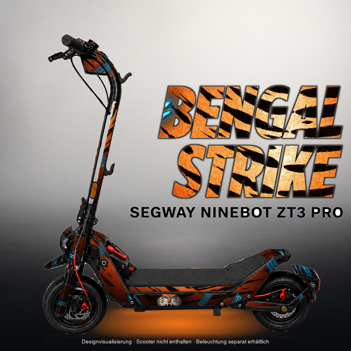 SEGWAY NINEBOT ZT3 PRO / ZT3 PRO D SKIN | BENGAL STRIKE – Designvisualisierung mit Licht in der Skinfarbe; Scooter nicht enthalten, Beleuchtung separat erhältlich