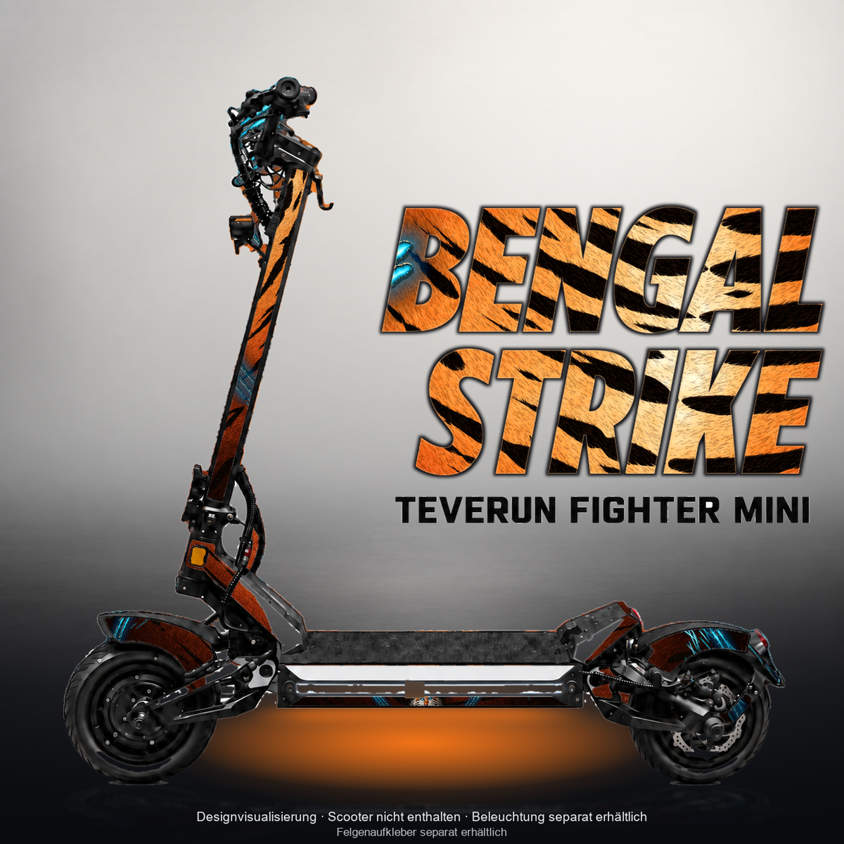 TEVERUN FIGHTER MINI / PRO SKIN | BENGAL STRIKE – Designvisualisierung mit Licht in der Skinfarbe; Scooter nicht enthalten, Beleuchtung separat erhältlich