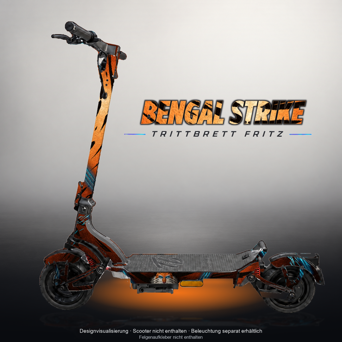TRITTBRETT FRITZ SKIN | BENGAL STRIKE – Designvisualisierung mit Licht in der Skinfarbe; Scooter nicht enthalten, Beleuchtung separat erhältlich