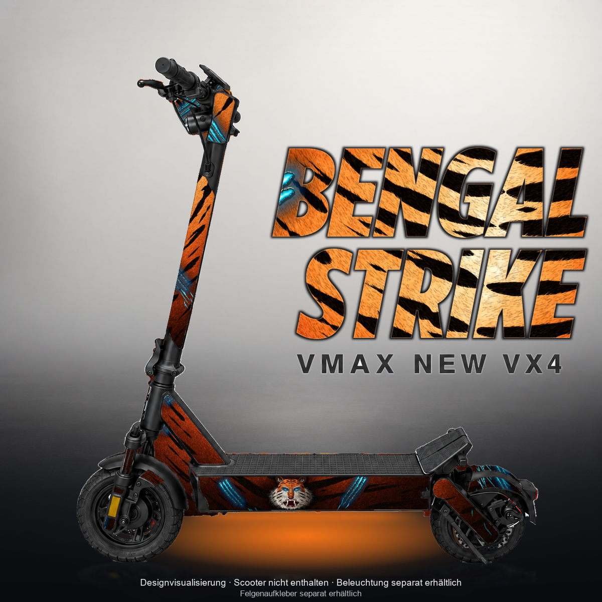 VMAX NEW VX4 SKIN | BENGAL STRIKE – Designvisualisierung mit Licht in der Skinfarbe; Scooter nicht enthalten, Beleuchtung separat erhältlich