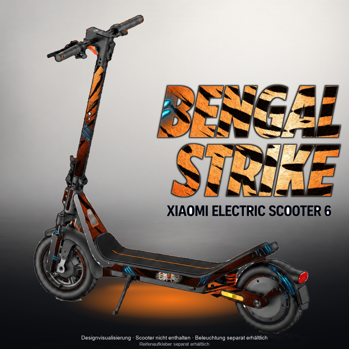 XIAOMI ELECTRIC SCOOTER 6 SKIN | BENGAL STRIKE – Designvisualisierung mit Licht in der Skinfarbe; Scooter nicht enthalten, Beleuchtung separat erhältlich
